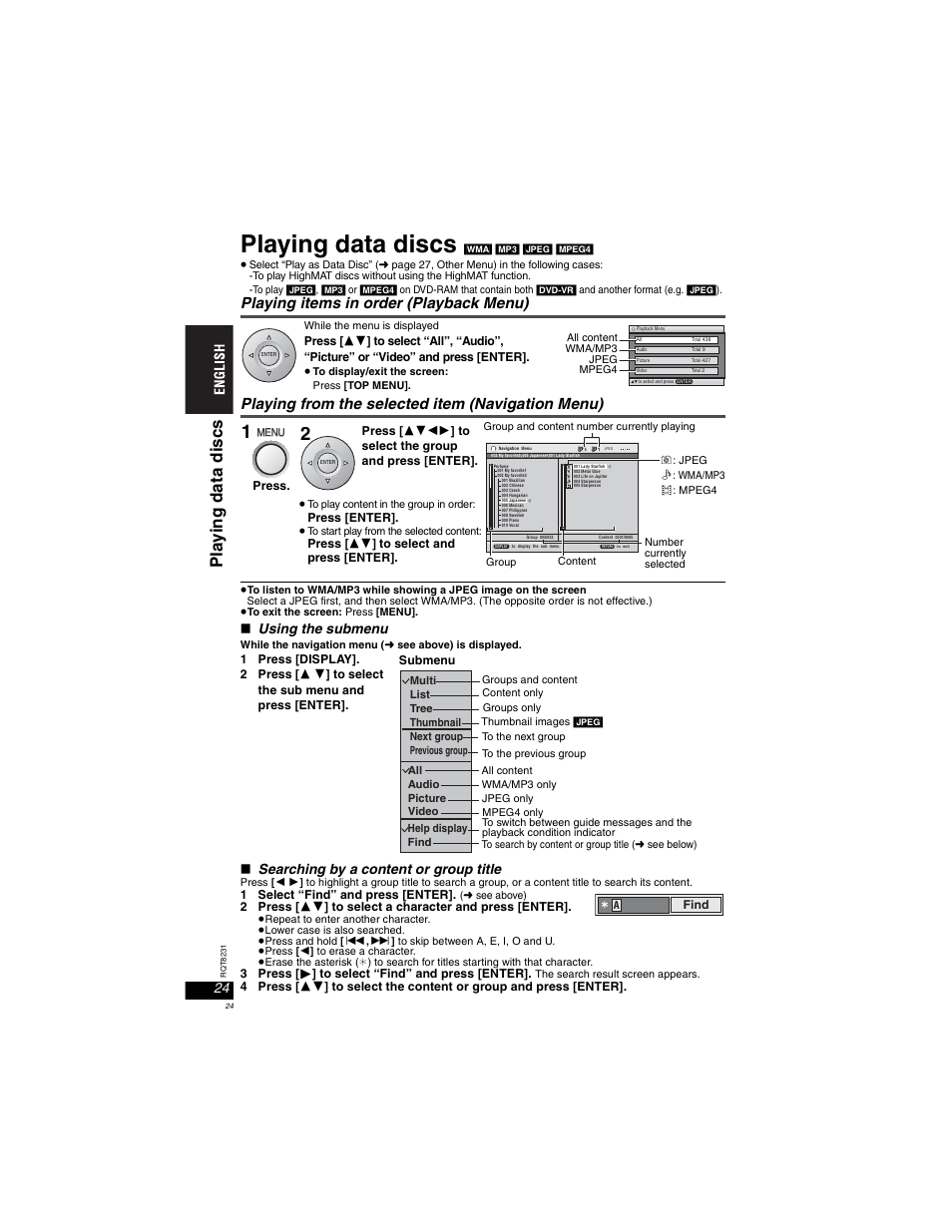 Playing data discs, Playing items in order (payback menu), Playing from the selected item (navigation menu) | Pl a y ing dat a di scs, W using the submenu, W searching by a content or group title | Panasonic DVD-LX110 User Manual | Page 24 / 41