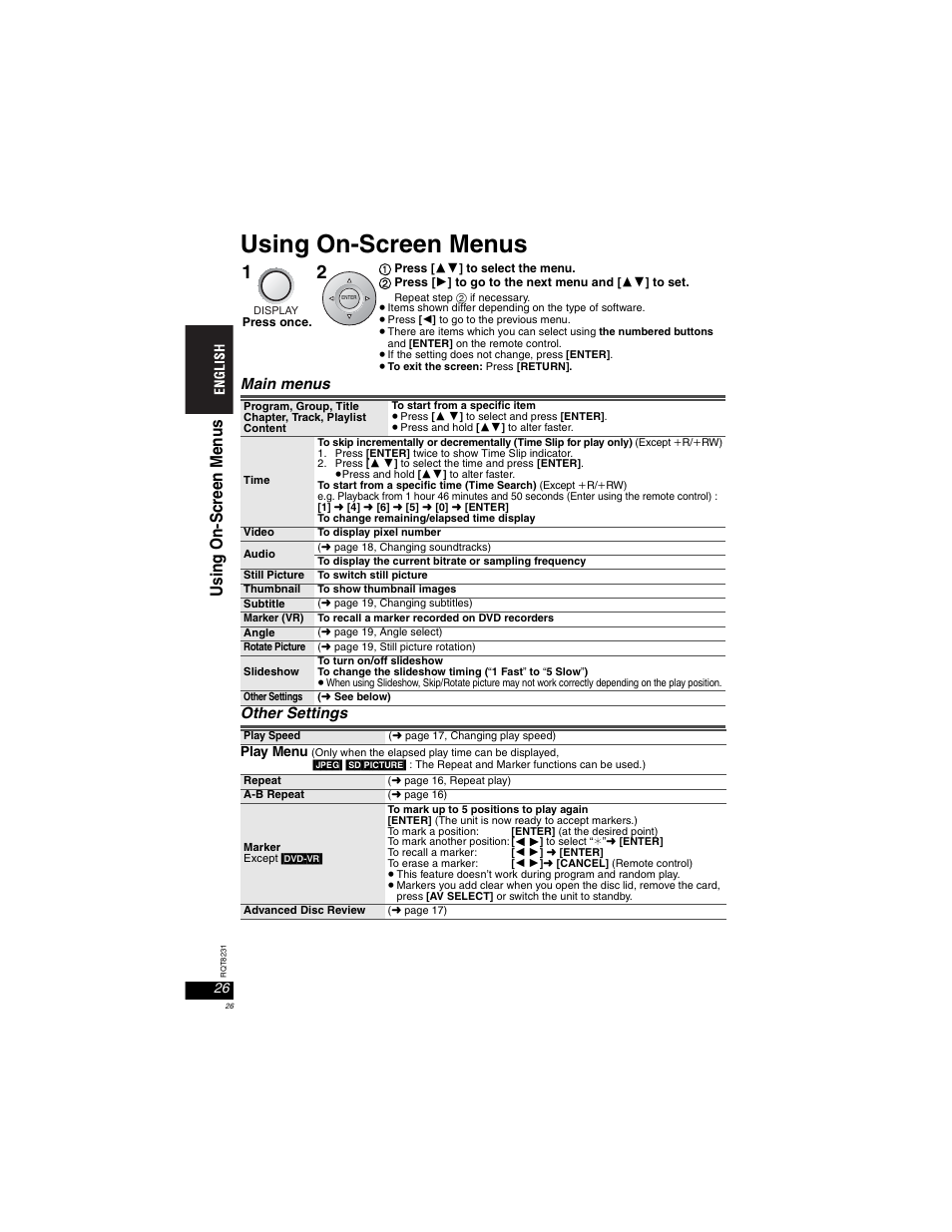 Using on-screen menus, Main menus other settings | Panasonic DVD-LX110 User Manual | Page 26 / 41