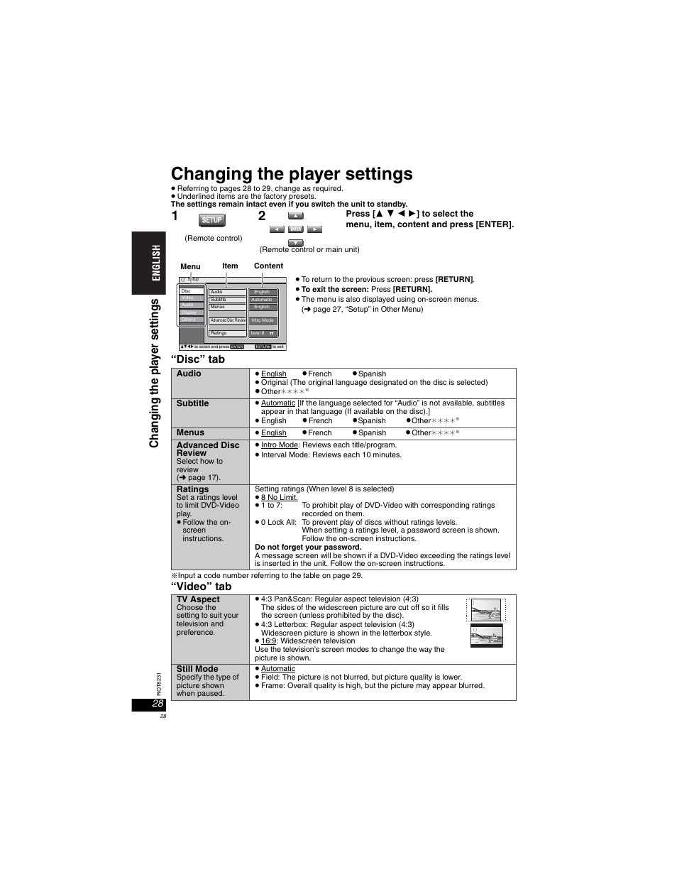 Using on-screen menus, Changing the player settings, Disc” tab | Video” tab | Panasonic DVD-LX110 User Manual | Page 28 / 41