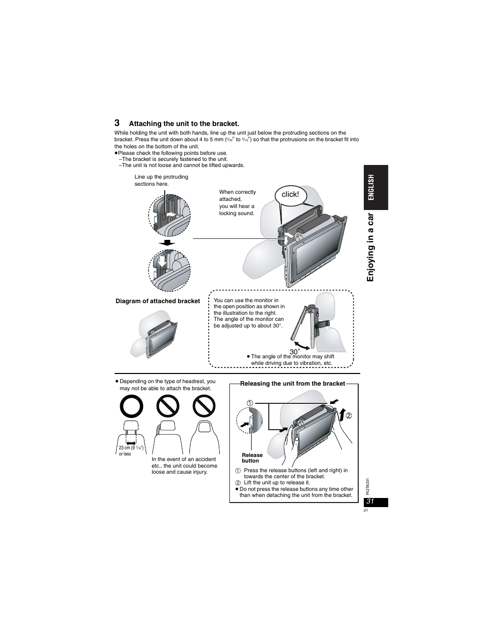Enj o ying in a car, Click, Attaching the unit to the bracket | 30 q | Panasonic DVD-LX110 User Manual | Page 31 / 41