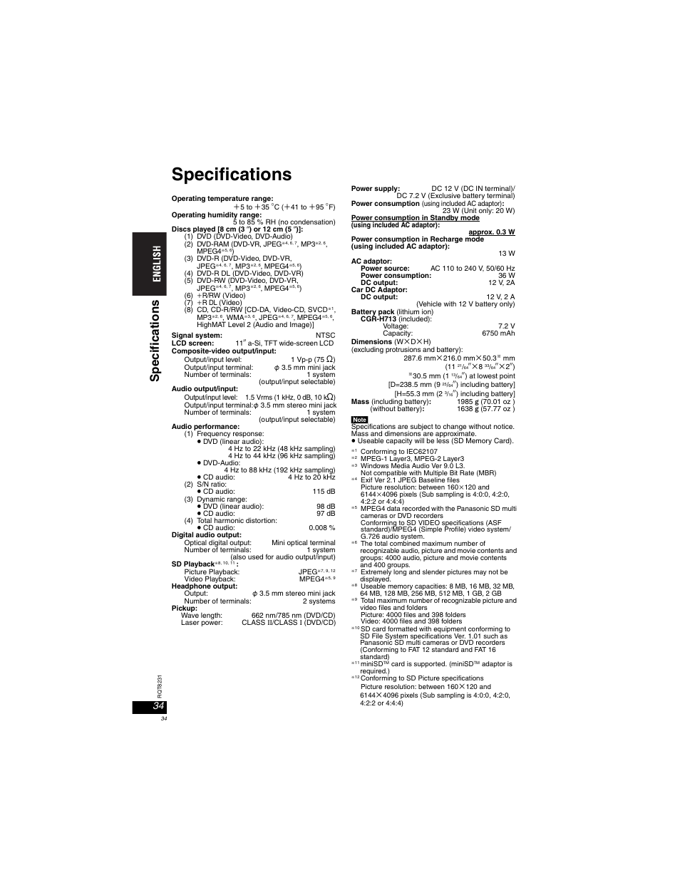 Specifications, Speci fi cat ions | Panasonic DVD-LX110 User Manual | Page 34 / 41
