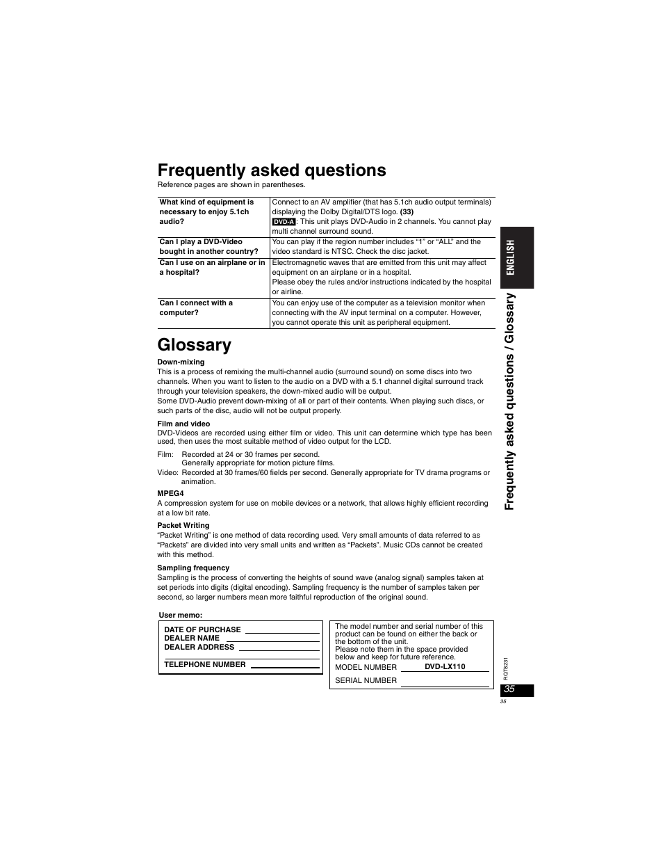 Frequently asked questions, Glossary, Freq uentl y asked quest ions / glos sar y | Panasonic DVD-LX110 User Manual | Page 35 / 41