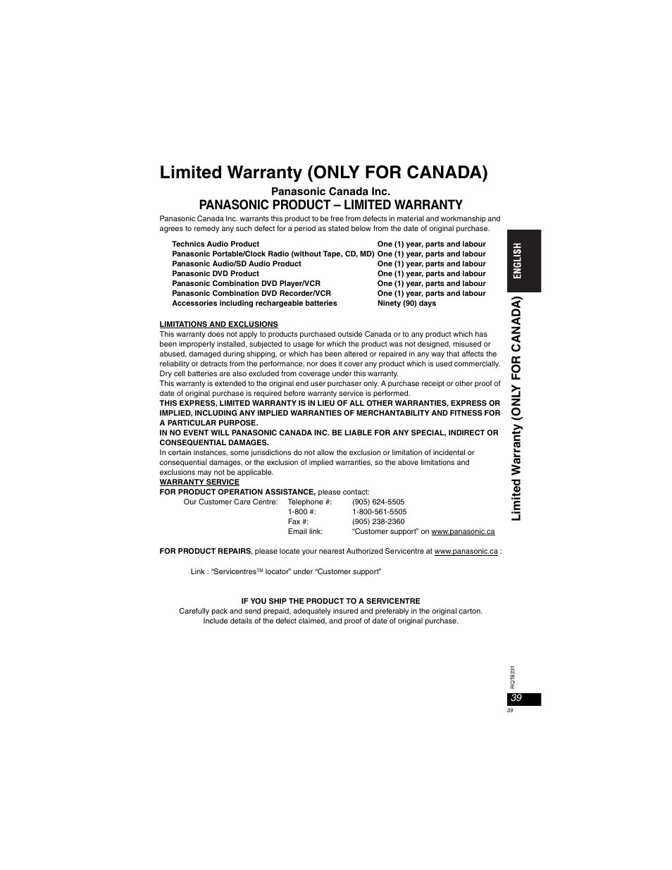 Limited warranty (only for canada), Panasonic product – limited warranty | Panasonic DVD-LX110 User Manual | Page 39 / 41