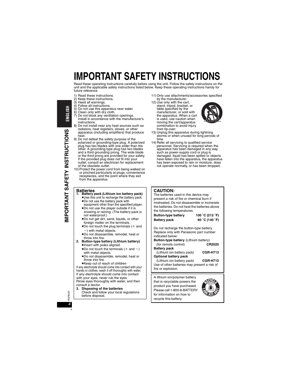 Important safety instructions | Panasonic DVD-LX110 User Manual | Page 4 / 41