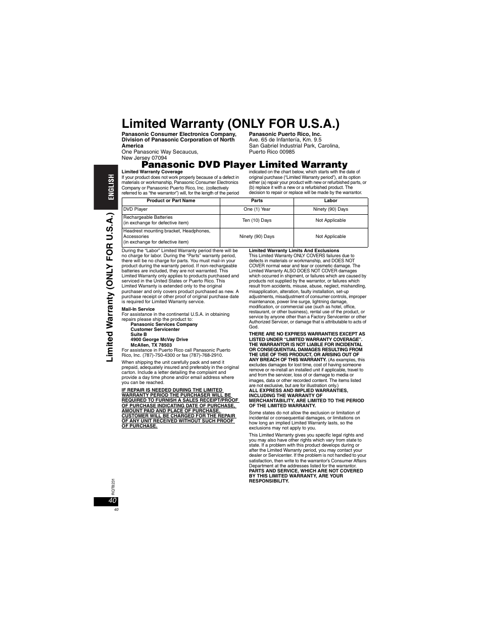Limited warranty (only for u.s.a.), Panasonic dvd player limited warranty, Li mit ed w a rran ty (onl y for u .s.a. ) | Panasonic DVD-LX110 User Manual | Page 40 / 41