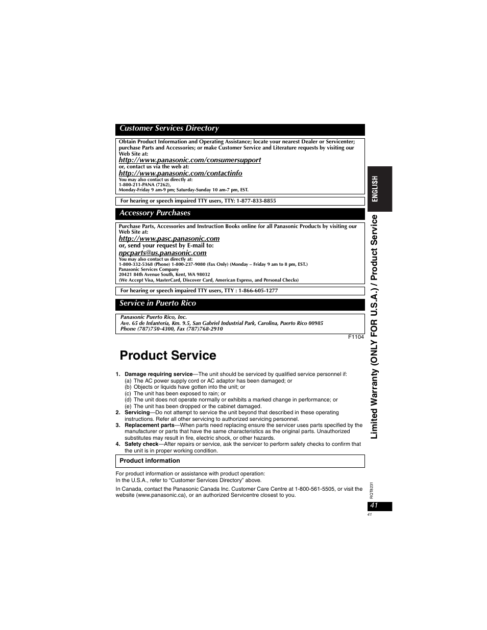 Product service | Panasonic DVD-LX110 User Manual | Page 41 / 41