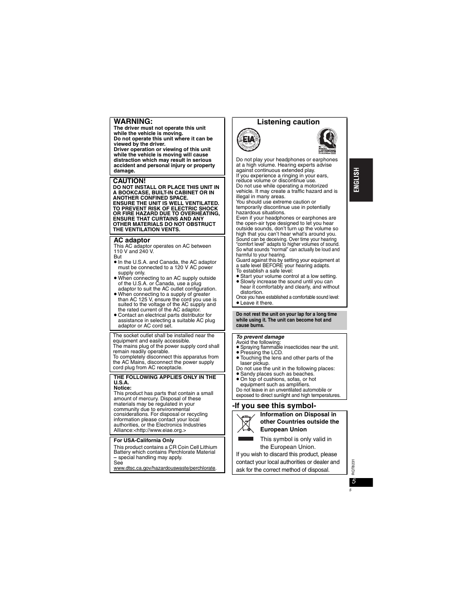 If you see this symbol- warning, Listening caution, Caution | Ac adaptor | Panasonic DVD-LX110 User Manual | Page 5 / 41