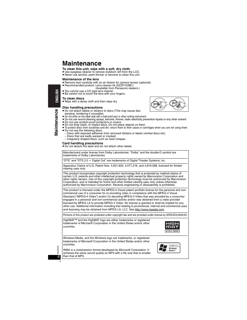 Maintenance, Maint enance | Panasonic DVD-LX110 User Manual | Page 6 / 41