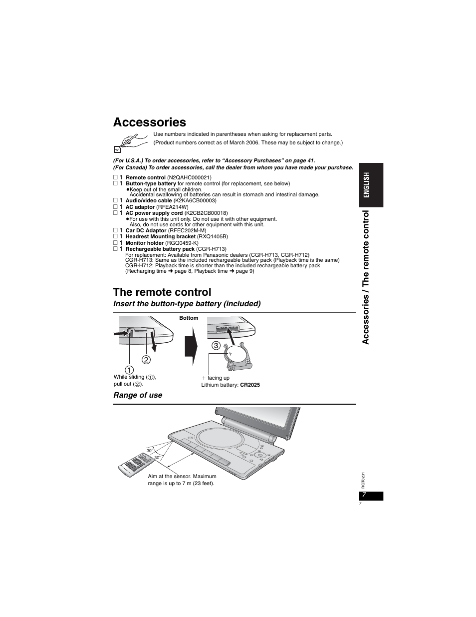 Accessories, The remote control, Acc essori es / the re mote contr ol | Panasonic DVD-LX110 User Manual | Page 7 / 41