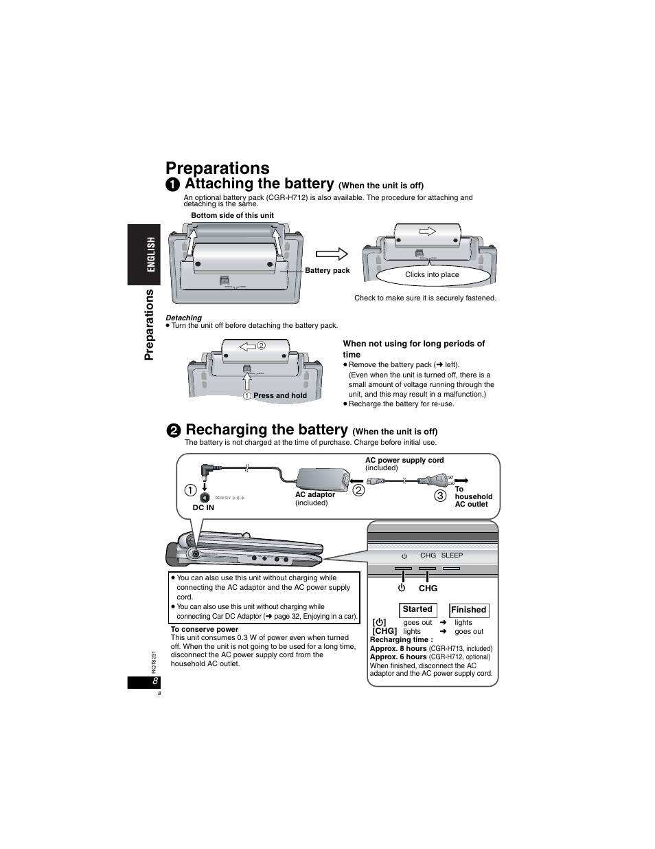 Preparations, Attaching the battery, Recharging the battery | Prepa rat ions, Release detach attach | Panasonic DVD-LX110 User Manual | Page 8 / 41