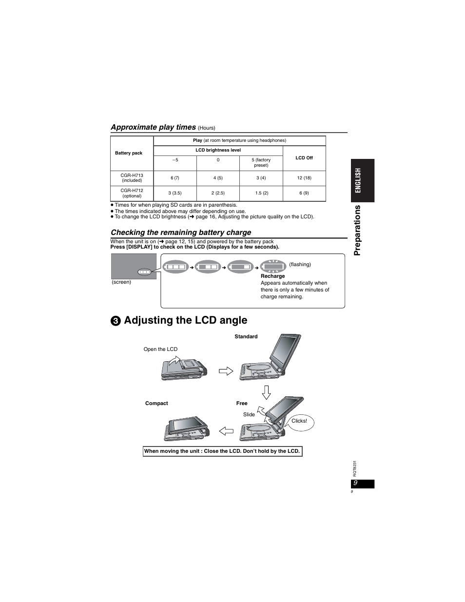 Adjusting the lcd angle, Prepa rat ions, Approximate play times | Checking the remaining battery charge | Panasonic DVD-LX110 User Manual | Page 9 / 41