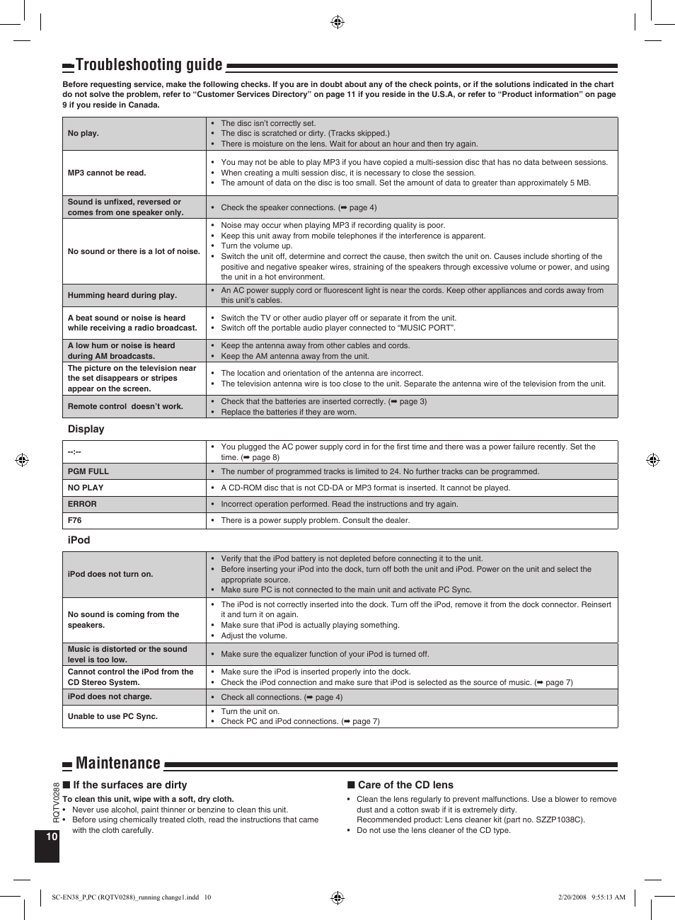 Troubleshooting guide, Maintenance | Panasonic SCEN38 User Manual | Page 10 / 12