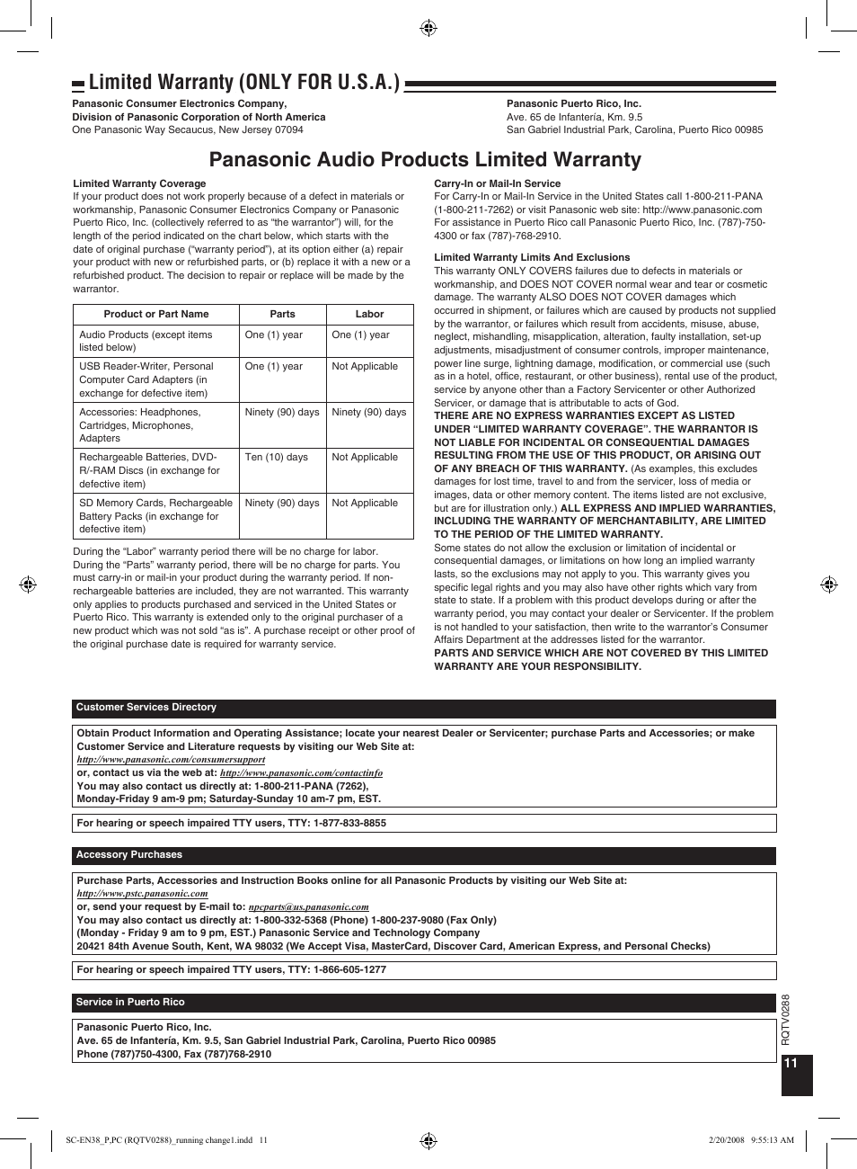 Panasonic audio products limited warranty, Limited warranty (only for u.s.a.) | Panasonic SCEN38 User Manual | Page 11 / 12