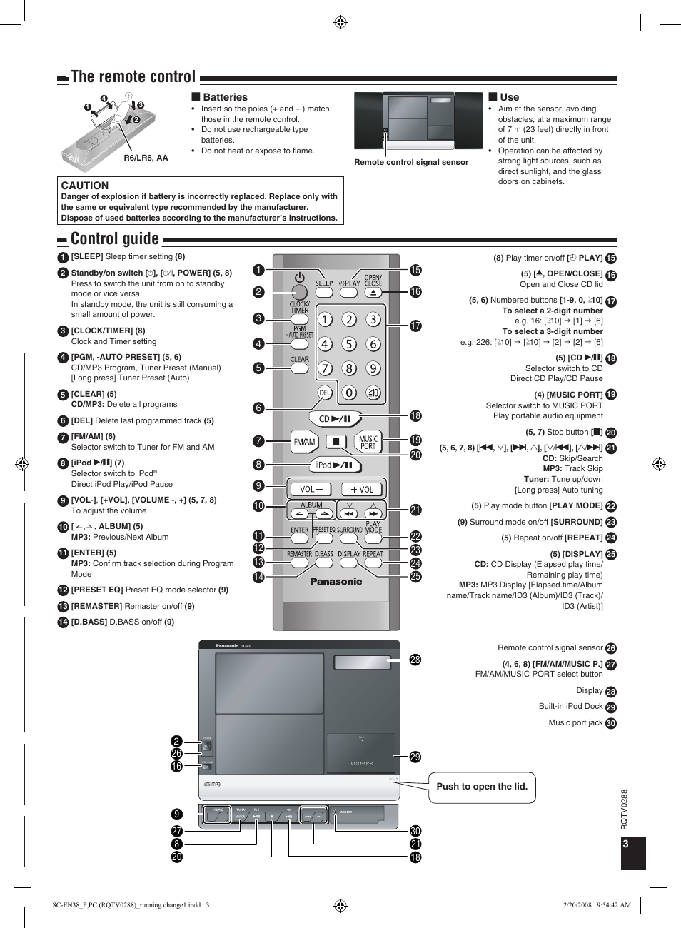 Important safety instructions, Control guide, Warning | Caution, The remote control | Panasonic SCEN38 User Manual | Page 3 / 12