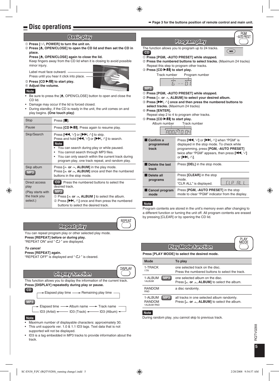 Disc operations, Program play, Basic play | Play mode function display function repeat play | Panasonic SCEN38 User Manual | Page 5 / 12
