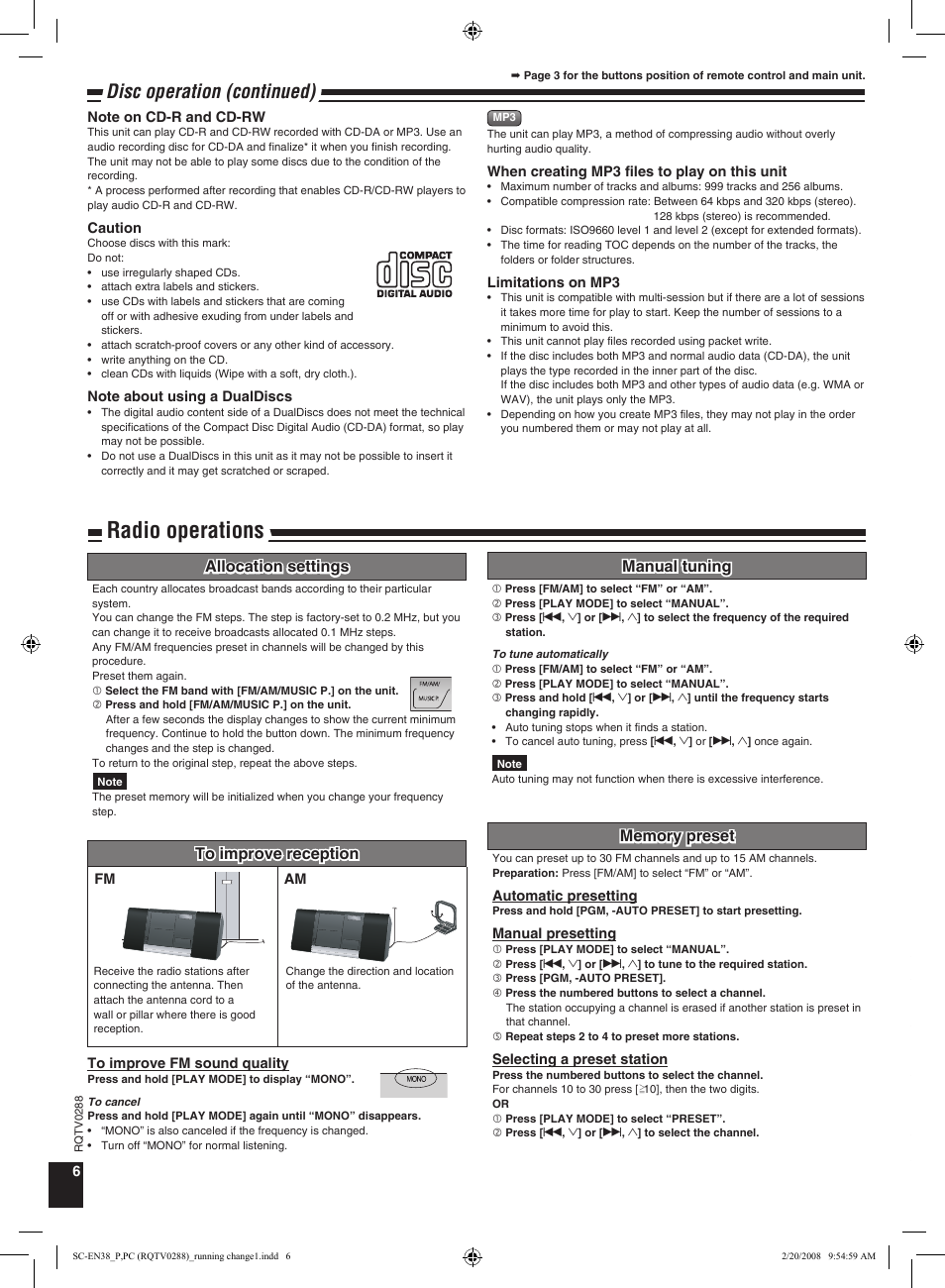 Radio operations, Disc operation (continued) | Panasonic SCEN38 User Manual | Page 6 / 12