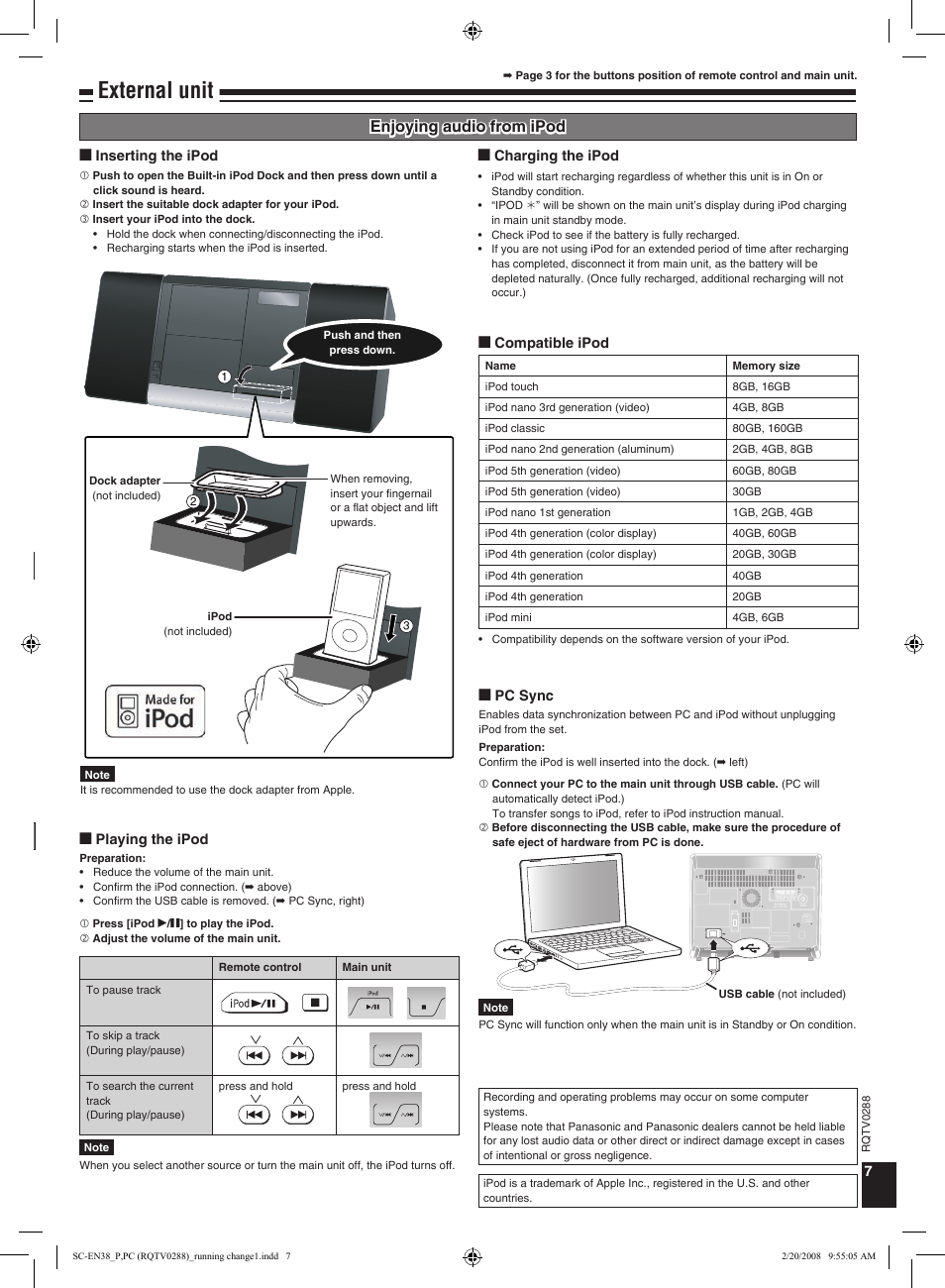 External unit, Enjoying audio from ipod | Panasonic SCEN38 User Manual | Page 7 / 12