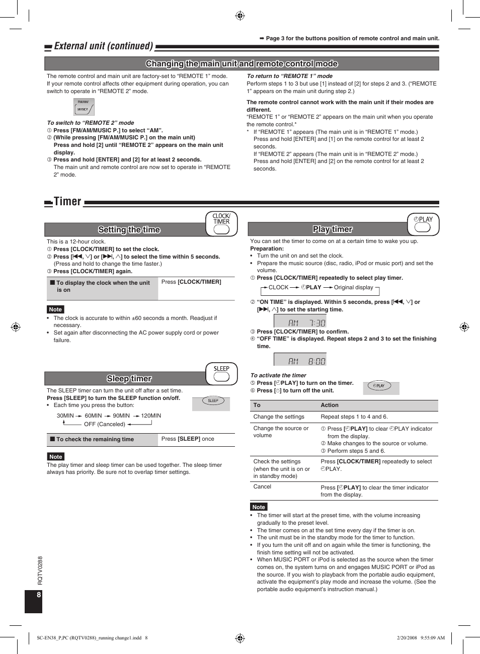 Timer, External unit (continued), Setting the time sleep timer play timer | Changing the main unit and remote control mode | Panasonic SCEN38 User Manual | Page 8 / 12