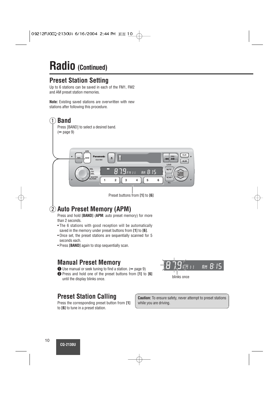 Radio, Continued), Preset station setting | Band, Preset station calling | Panasonic CQ-2130U User Manual | Page 10 / 23