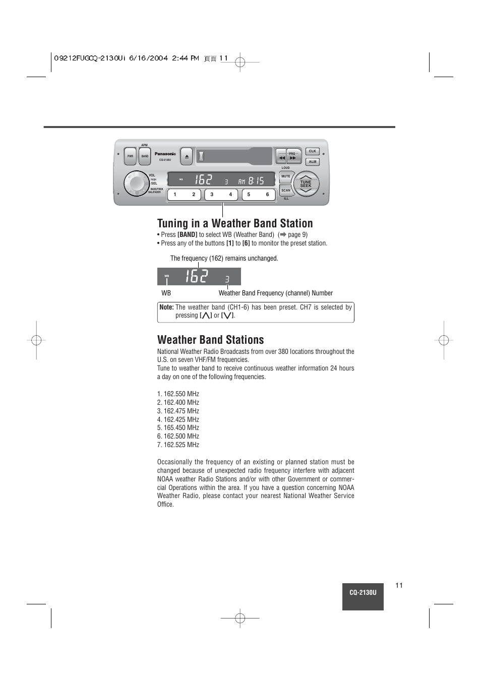 Tuning in a weather band station, Weather band stations | Panasonic CQ-2130U User Manual | Page 11 / 23