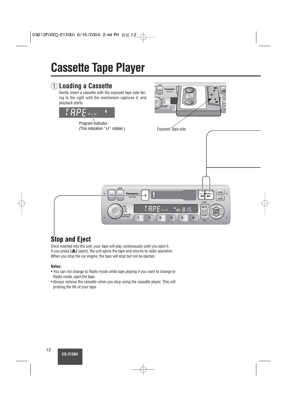 Cassette tape player, Stop and eject, Loading a cassette | Cq-2130u | Panasonic CQ-2130U User Manual | Page 12 / 23