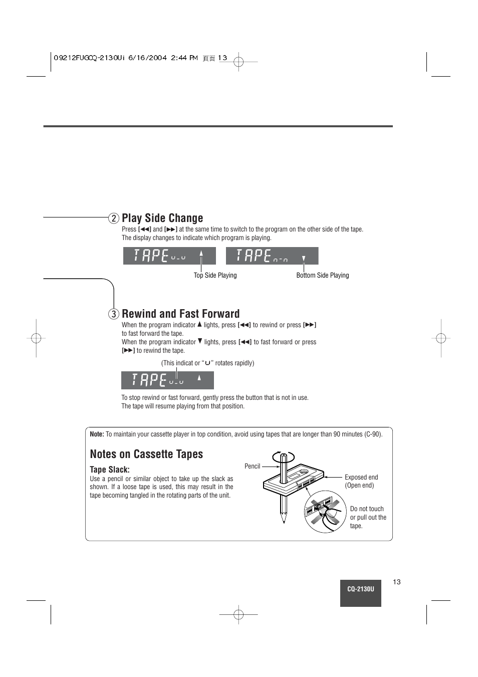 Play side change, Wrewind and fast forward | Panasonic CQ-2130U User Manual | Page 13 / 23