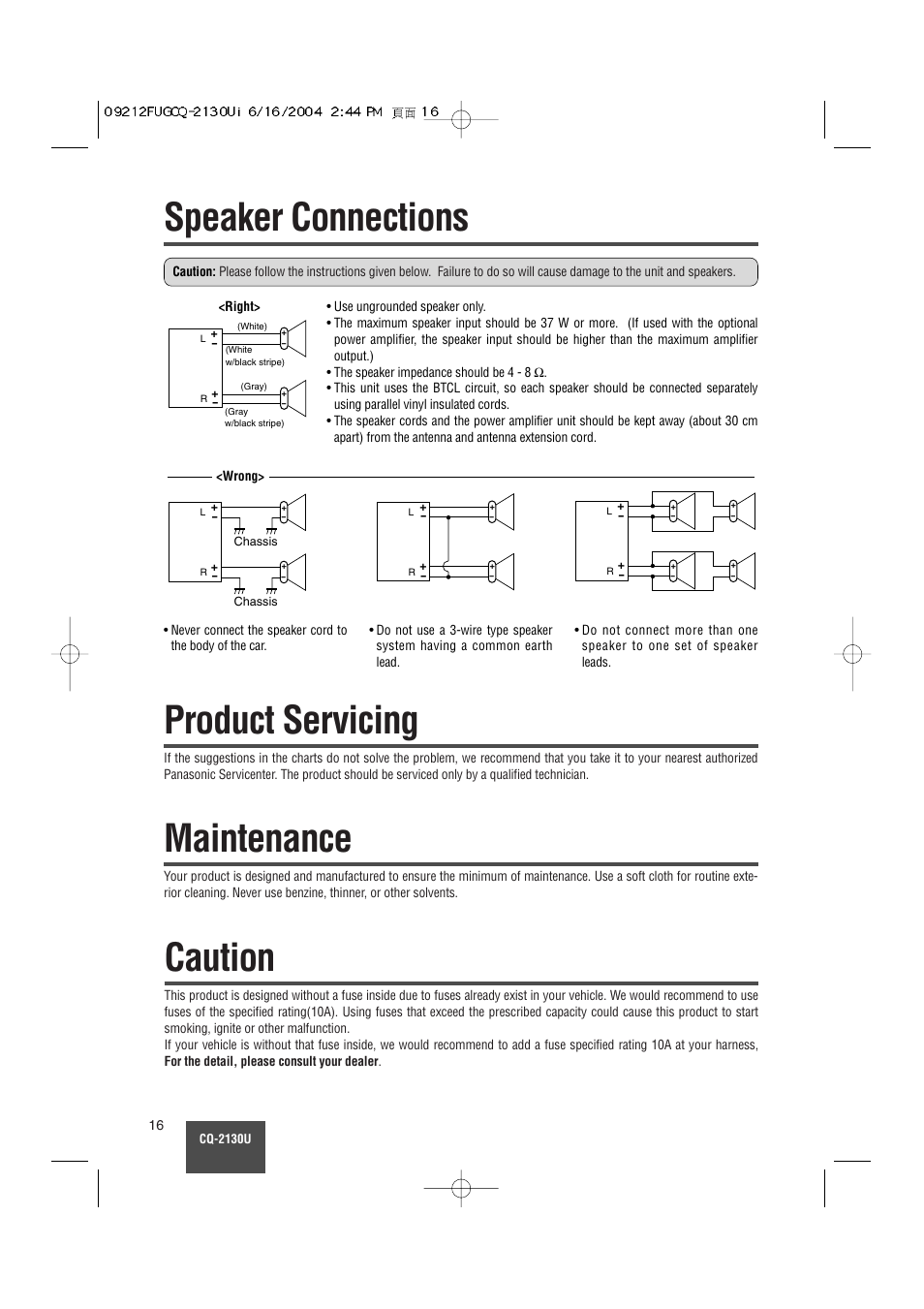 Speaker connections, Product servicing, Maintenance | Caution | Panasonic CQ-2130U User Manual | Page 16 / 23