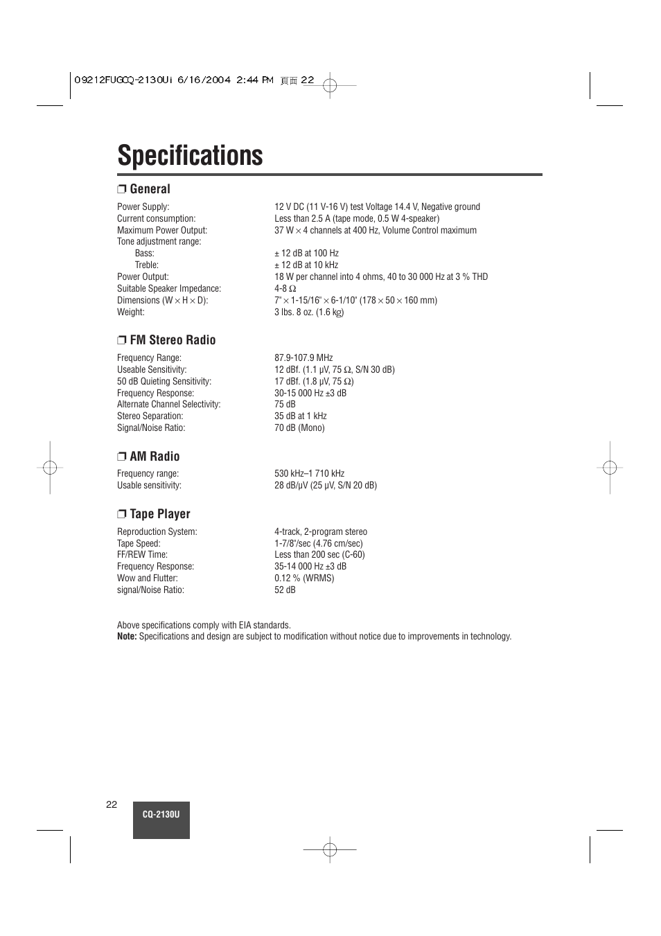 Specifications, General, Fm stereo radio | Am radio, Tape player | Panasonic CQ-2130U User Manual | Page 22 / 23