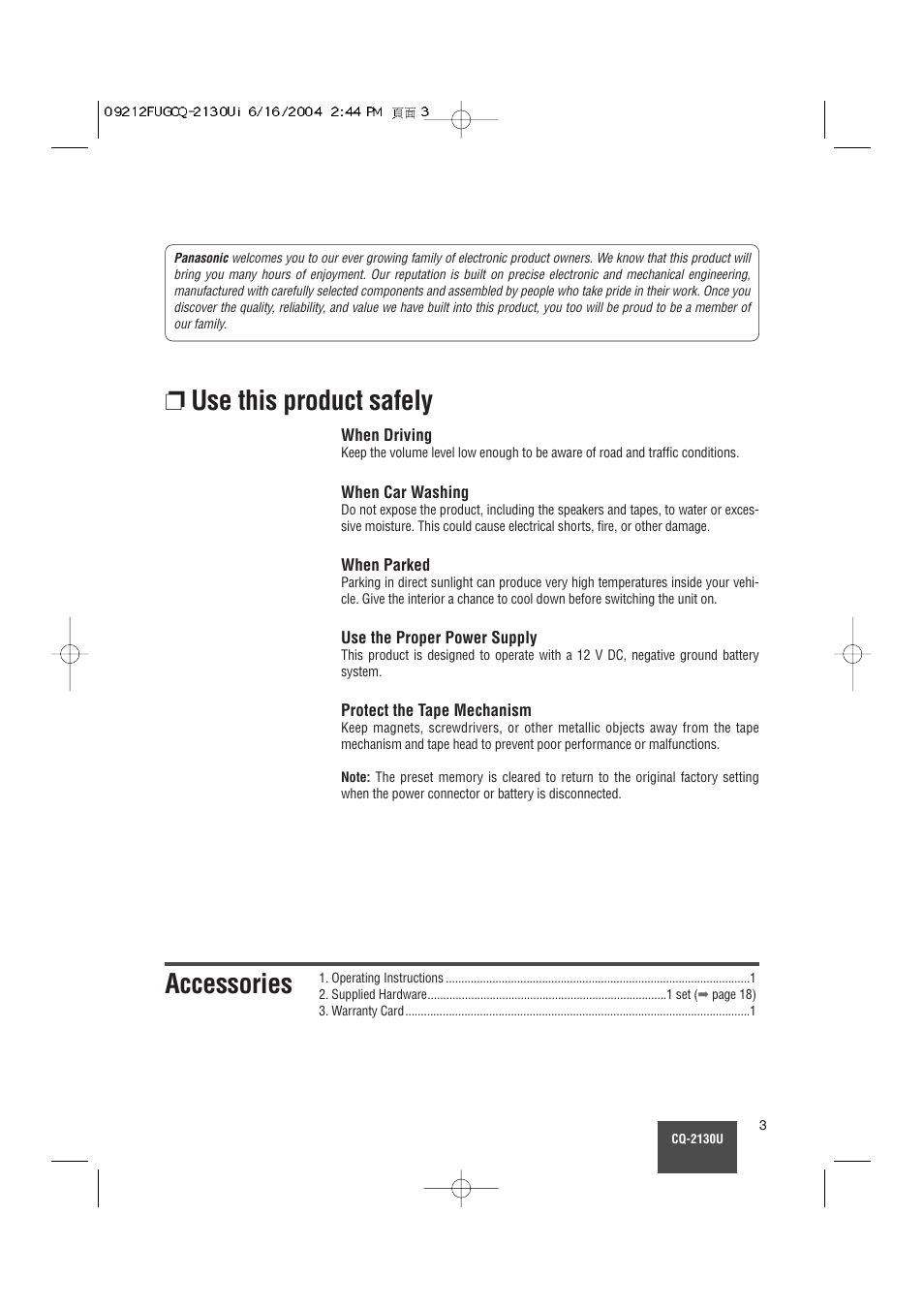 Use this product safely, Accessories | Panasonic CQ-2130U User Manual | Page 3 / 23