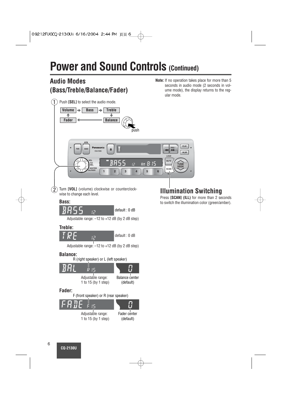 Power and sound controls, Continued) audio modes (bass/treble/balance/fader), Wq illumination switching | Bass, Treble, Balance, Fader | Panasonic CQ-2130U User Manual | Page 6 / 23