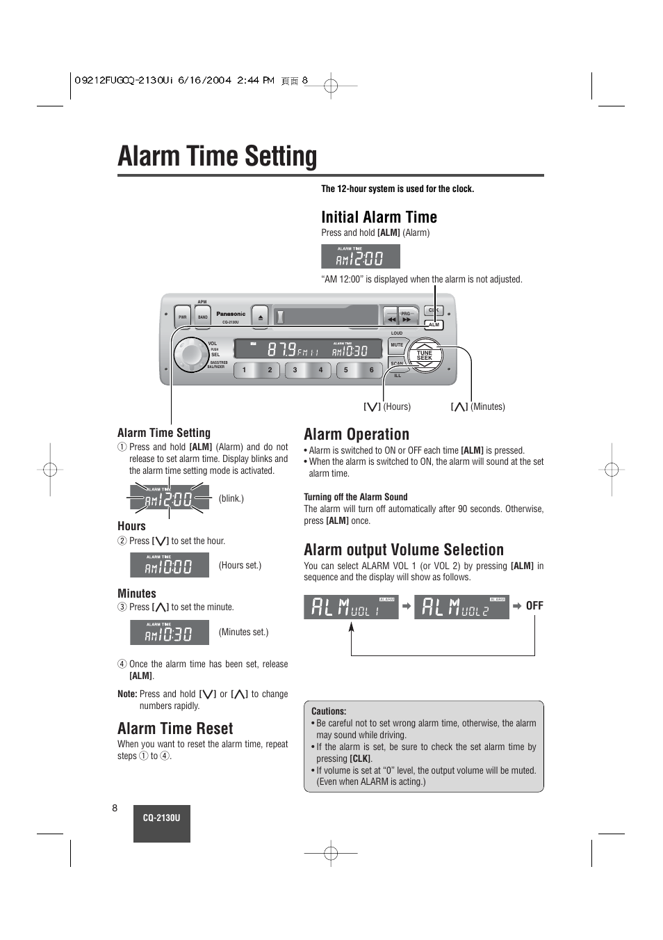 Alarm time setting, Initial alarm time, Alarm time reset | Alarm operation, Alarm output volume selection, Alarm time setting hours minutes | Panasonic CQ-2130U User Manual | Page 8 / 23