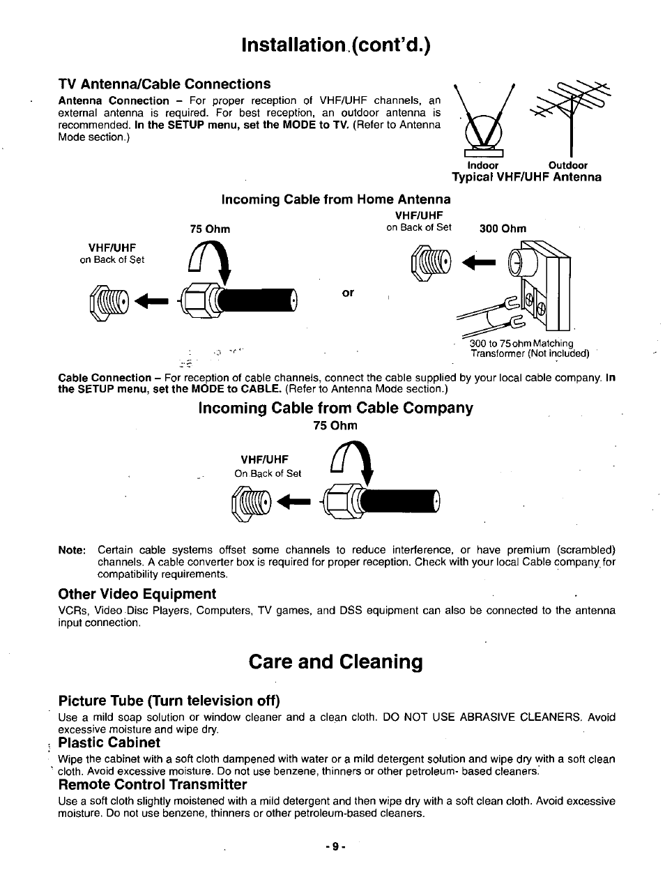 Installation (cont’d.), Tv antenna/cable connections, Vhf/uhf | Incoming cable from cable company, Other video equipment, Care and cleaning, Picture tube (turn television off), Plastic cabinet, Remote control transmitter, Other video equipment care and cleaning | Panasonic SVGA Monitor/Receiver CT-36DV60 User Manual | Page 10 / 53
