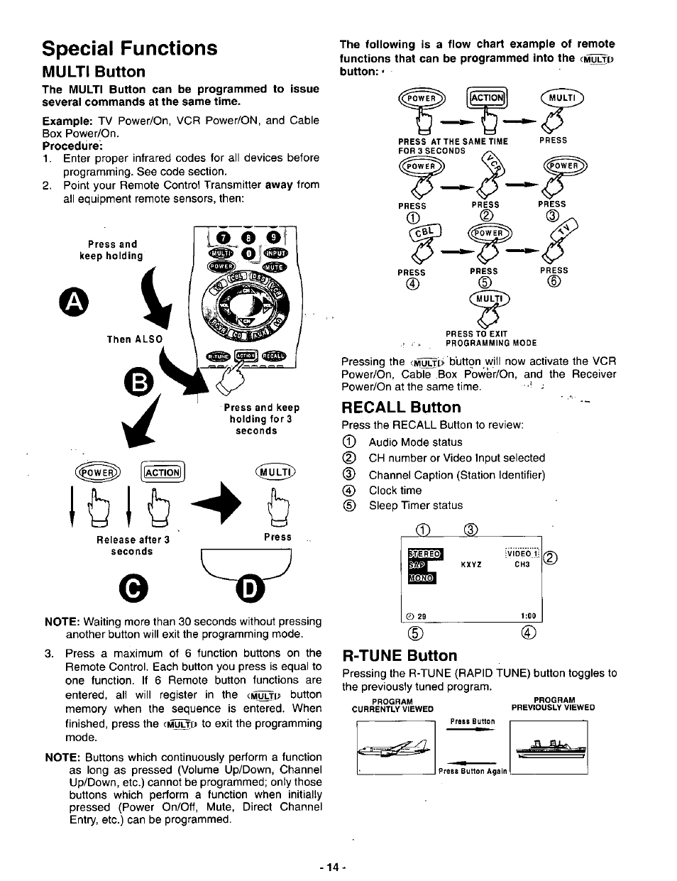 Special functions, Multi button, Recall button | R-tune button | Panasonic SVGA Monitor/Receiver CT-36DV60 User Manual | Page 15 / 53