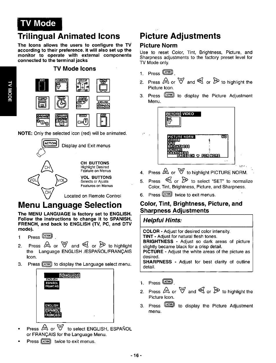 Tv mode, Trilingual animated icons picture adjustments, Tv mode icons | Menu language selection, Picture norm, Ssst | Panasonic SVGA Monitor/Receiver CT-36DV60 User Manual | Page 17 / 53