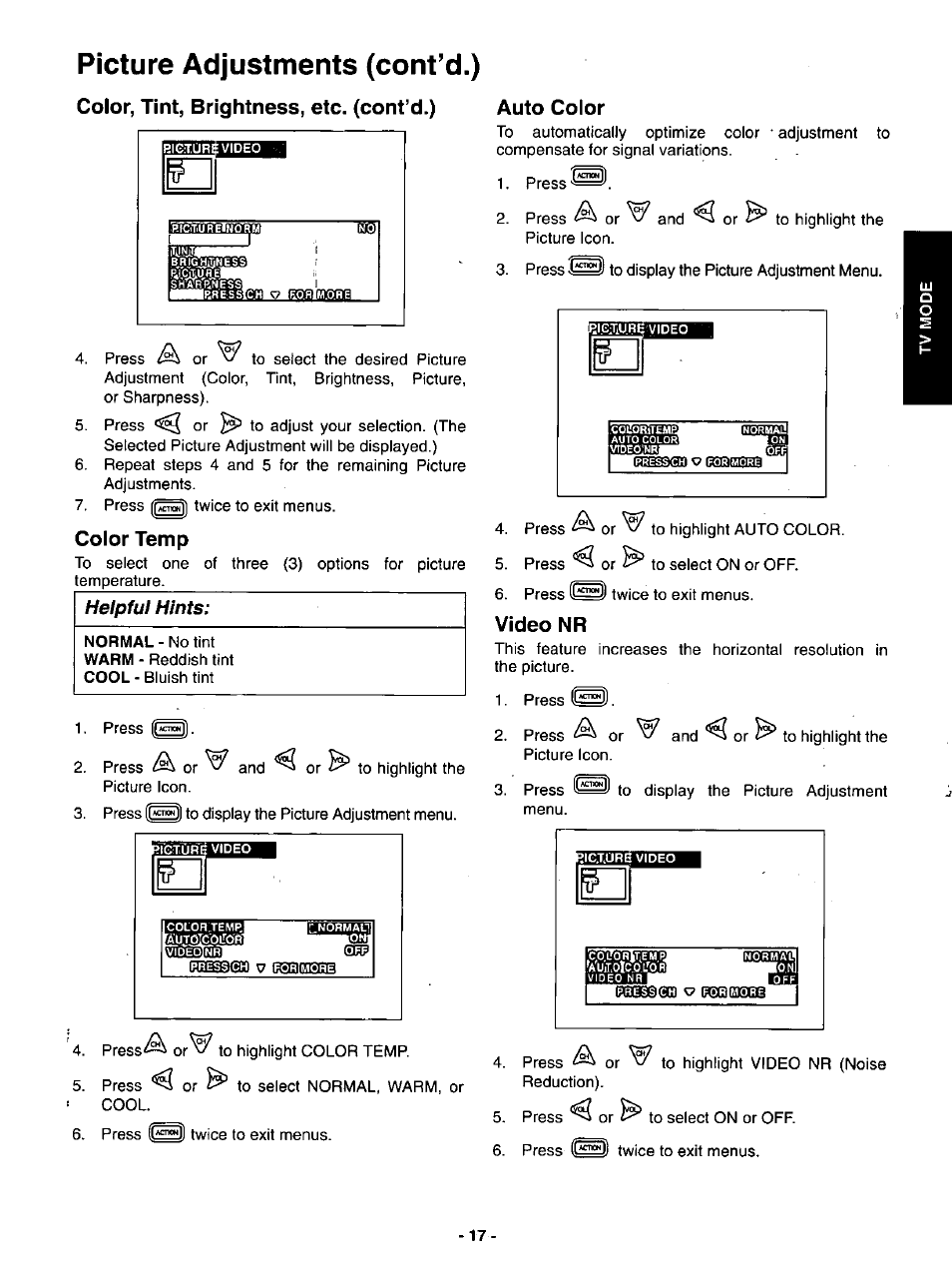 Picture adjustments (cont’d.), Color, tint, brightness, etc. (cont’d.), Color temp | Auto color, Video nr, Auto color video nr, Heipful hints | Panasonic SVGA Monitor/Receiver CT-36DV60 User Manual | Page 18 / 53