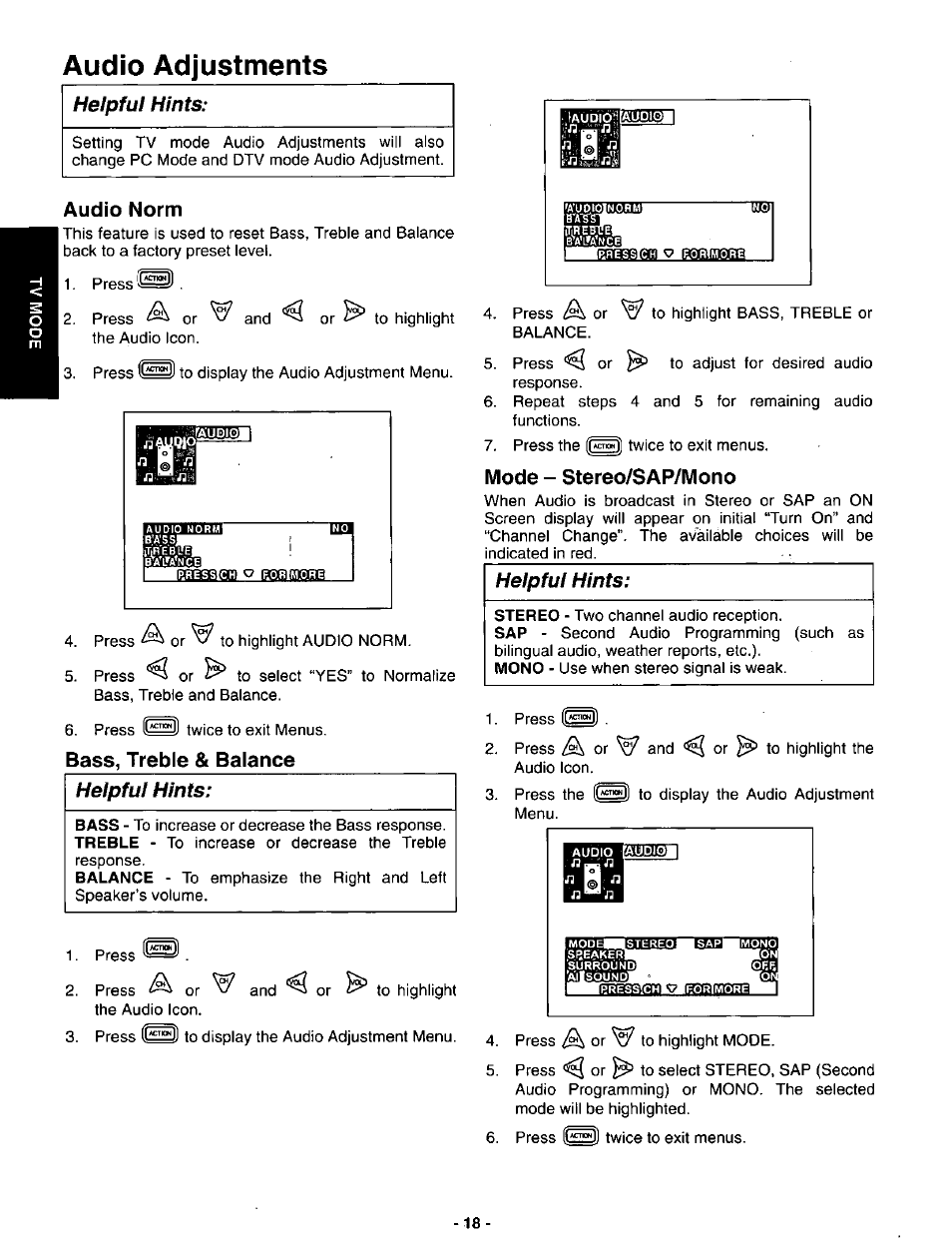 Audio adjustments, Audio norm, Bass, treble & balance | Mode - stereo/sap/mono, Audio adjustment, Bass, treble and balance, Helpful hints | Panasonic SVGA Monitor/Receiver CT-36DV60 User Manual | Page 19 / 53