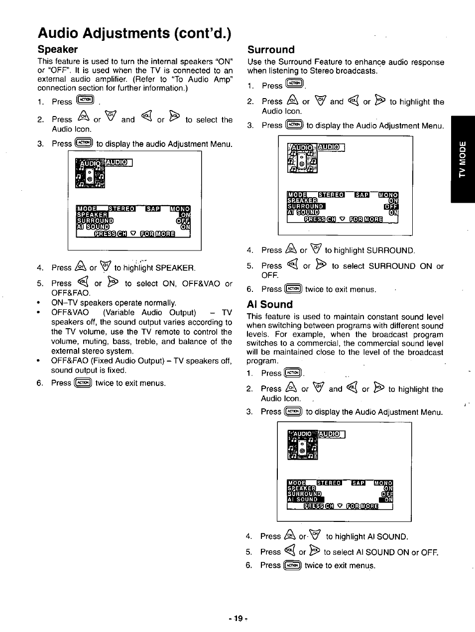 Audio adjustments (cont’d.), Speaker, Surround | Al sound, Surround al sound | Panasonic SVGA Monitor/Receiver CT-36DV60 User Manual | Page 20 / 53