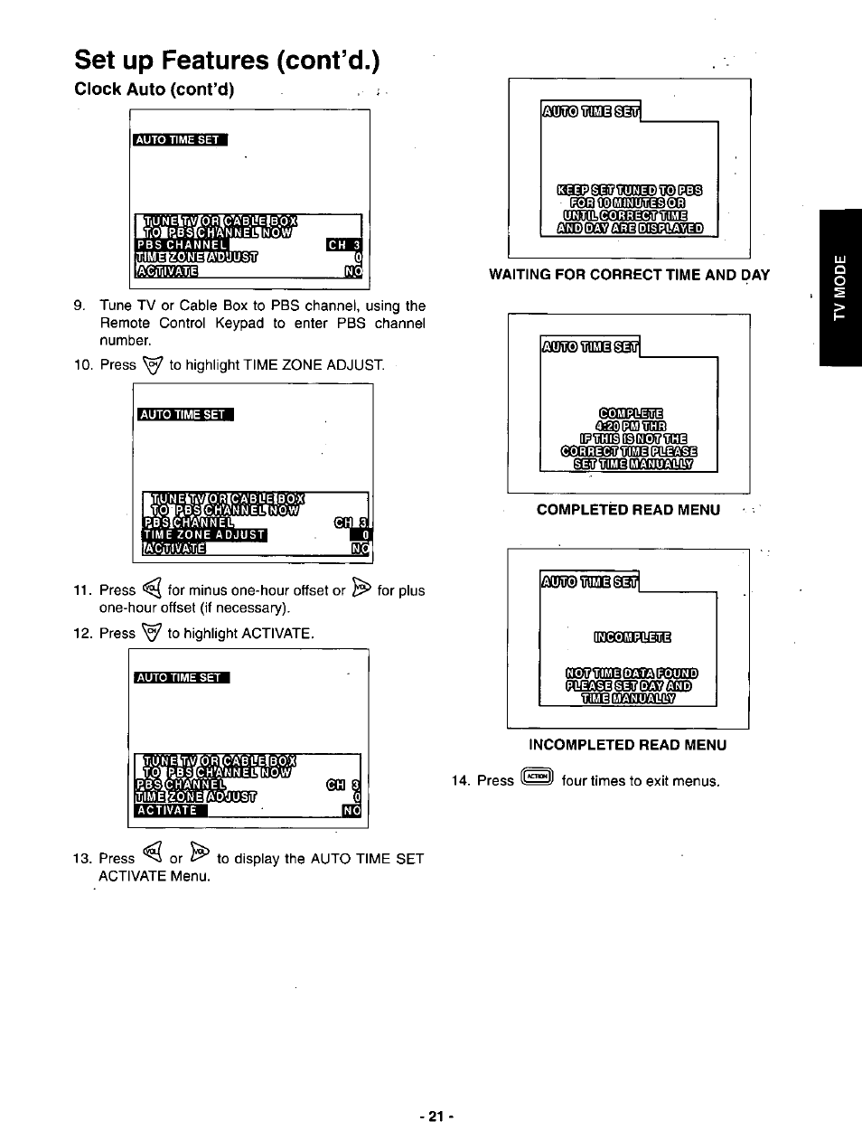 Set up features (cont’d.), Clock auto (cont’d) | Panasonic SVGA Monitor/Receiver CT-36DV60 User Manual | Page 22 / 53