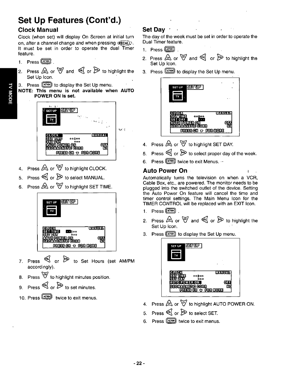 Clock manual, Set day, Auto power on i | Clock auto, Auto power on, Set up features (cont’d.) | Panasonic SVGA Monitor/Receiver CT-36DV60 User Manual | Page 23 / 53