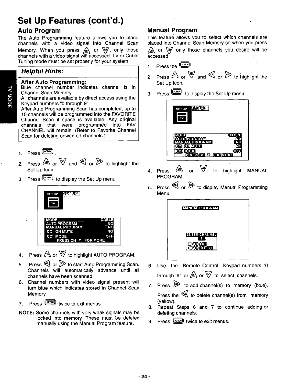 Auto program, After auto programming, Manual program | Set up features (cont’d.), Heipfui hints | Panasonic SVGA Monitor/Receiver CT-36DV60 User Manual | Page 25 / 53