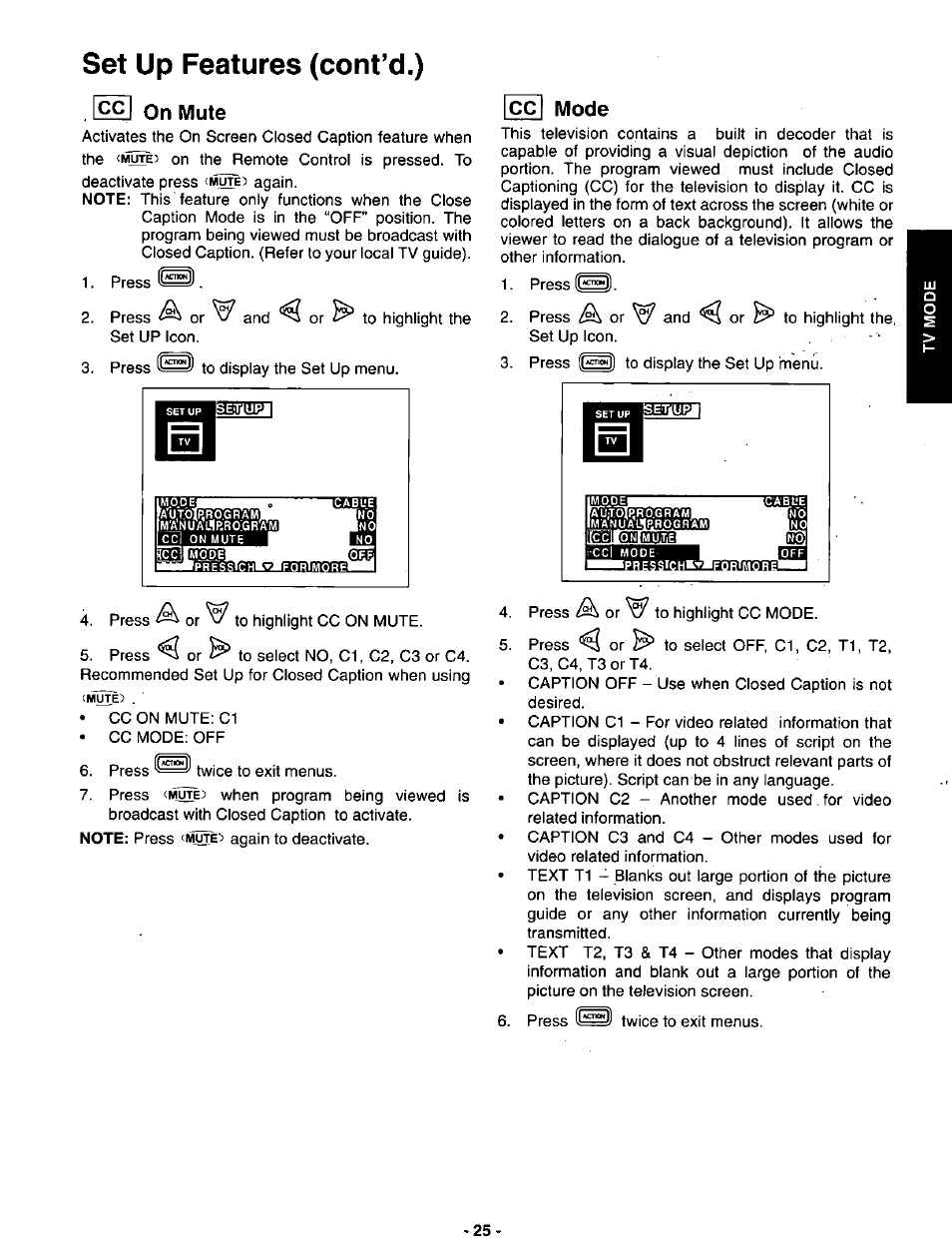 Cc| on mute, Cc mode, Set up features (cont’d.) | Panasonic SVGA Monitor/Receiver CT-36DV60 User Manual | Page 26 / 53
