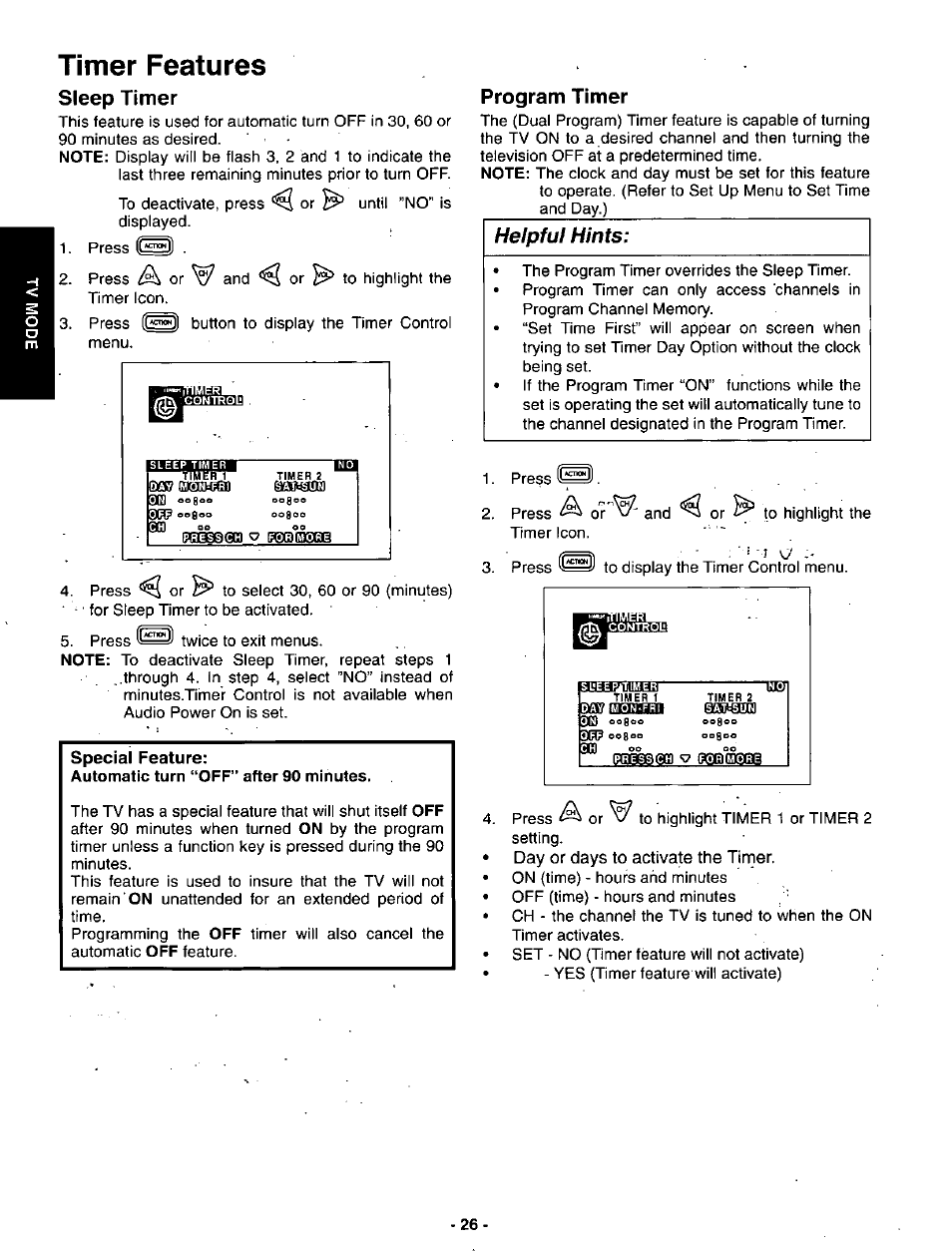 Timer features, Sleep timer, Special feature | Program timer, Sleep timer program timer, Helpful hints | Panasonic SVGA Monitor/Receiver CT-36DV60 User Manual | Page 27 / 53