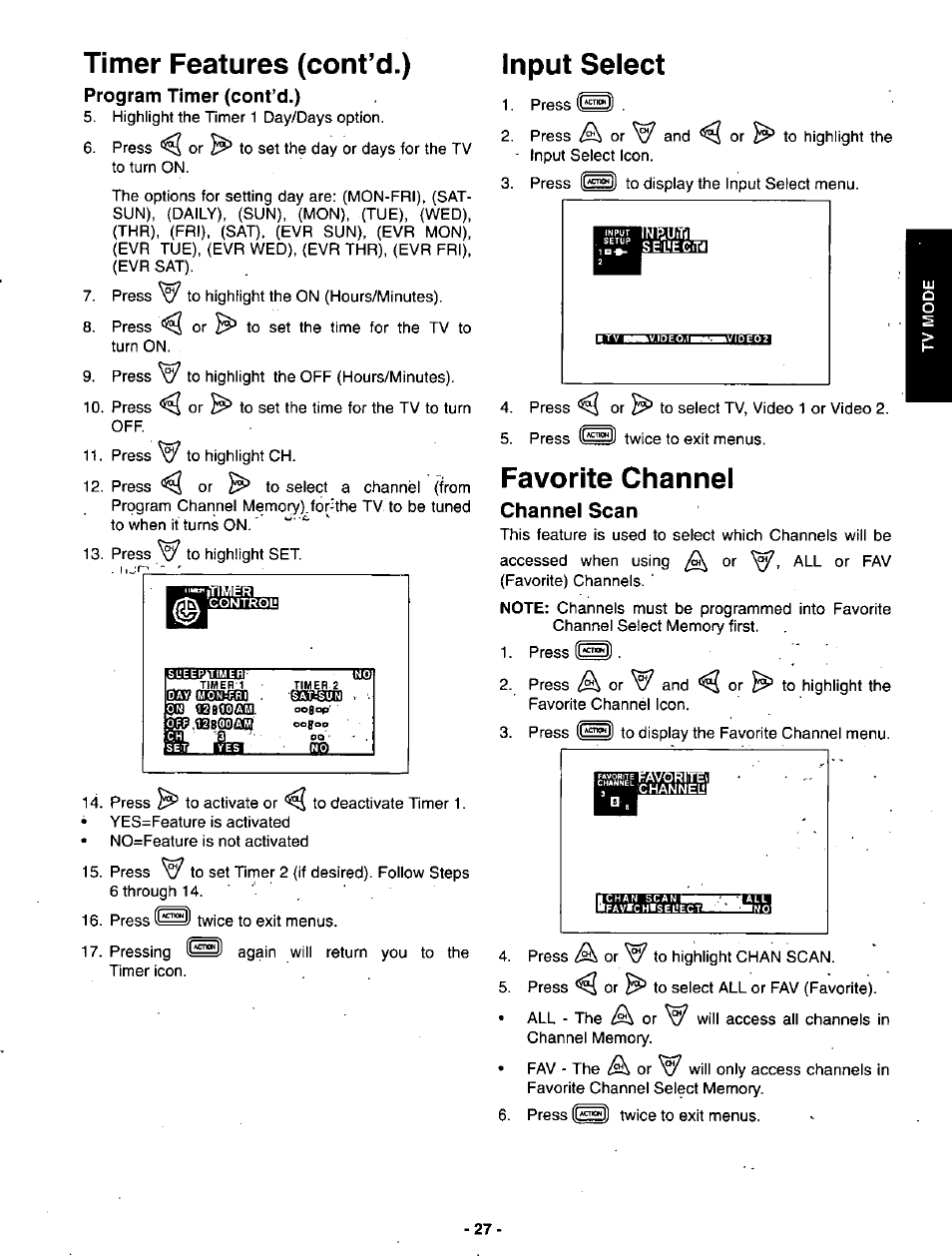 Timer features (cont’d.), Input select, Favorite channel | Channel scan | Panasonic SVGA Monitor/Receiver CT-36DV60 User Manual | Page 28 / 53