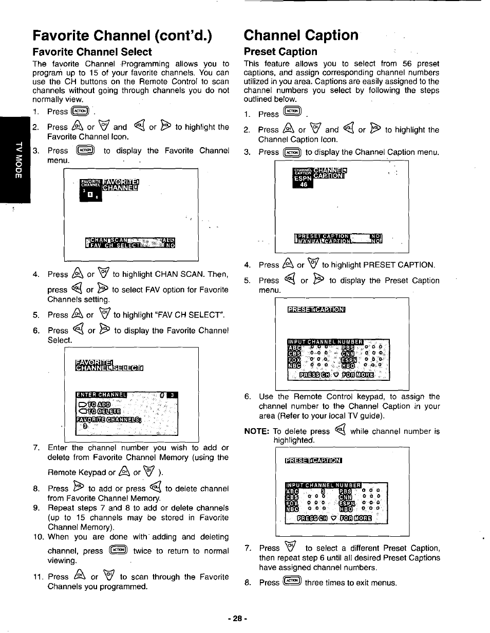 Favorite channel (cont’d.), Favorite channel select, Channel caption | Preset caption | Panasonic SVGA Monitor/Receiver CT-36DV60 User Manual | Page 29 / 53