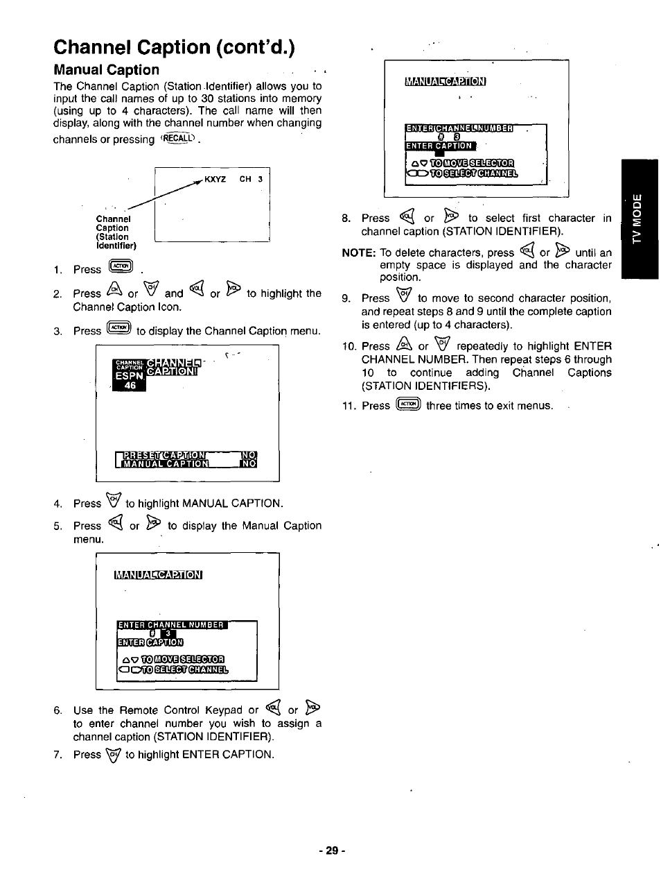 Channel caption (cont’d.), Manual caption, Fi®cec0aii03osel | Panasonic SVGA Monitor/Receiver CT-36DV60 User Manual | Page 30 / 53