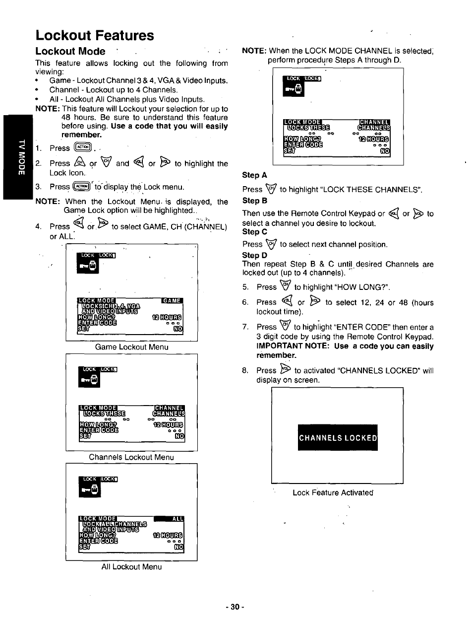 Lockout features, Lockout mode, Step a | Channels locked | Panasonic SVGA Monitor/Receiver CT-36DV60 User Manual | Page 31 / 53