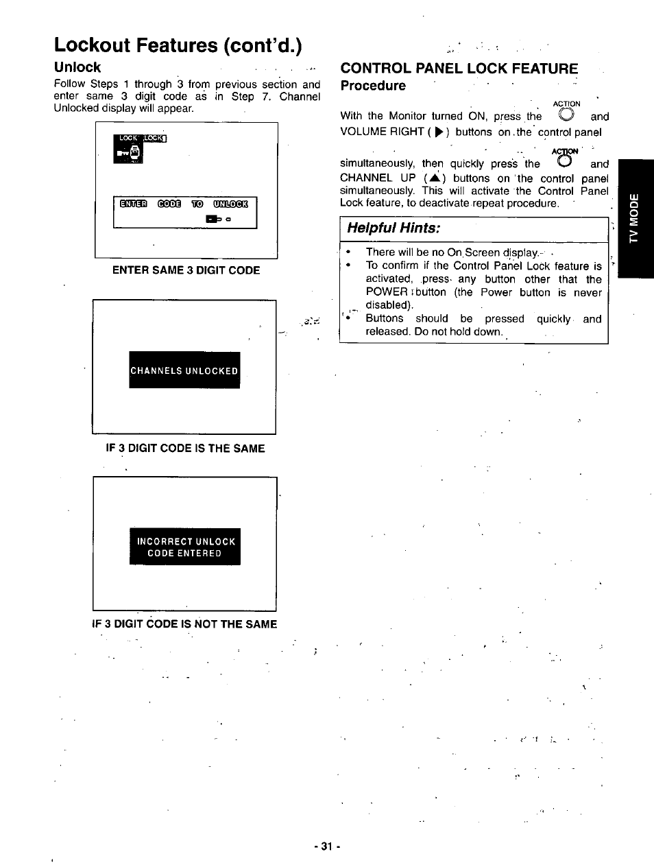 Lockout features (cont’d.), Unlock, If 3 digit code is the same | Control panel lock feature procedure, If 3 digit code is not the same, Control panel lock feature, Helpful hints | Panasonic SVGA Monitor/Receiver CT-36DV60 User Manual | Page 32 / 53