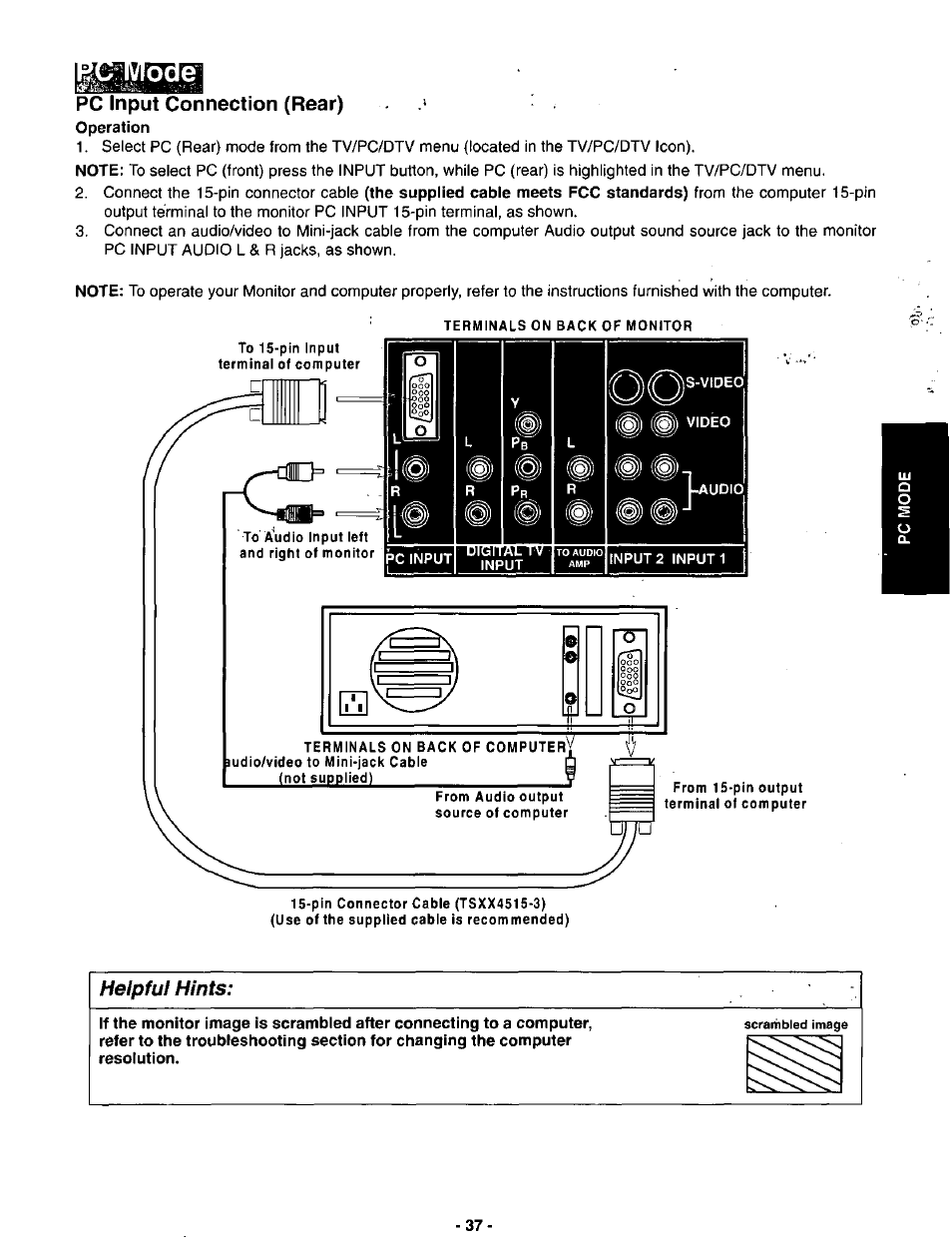 Pc input connection (rear), Helpfuf hints | Panasonic SVGA Monitor/Receiver CT-36DV60 User Manual | Page 38 / 53