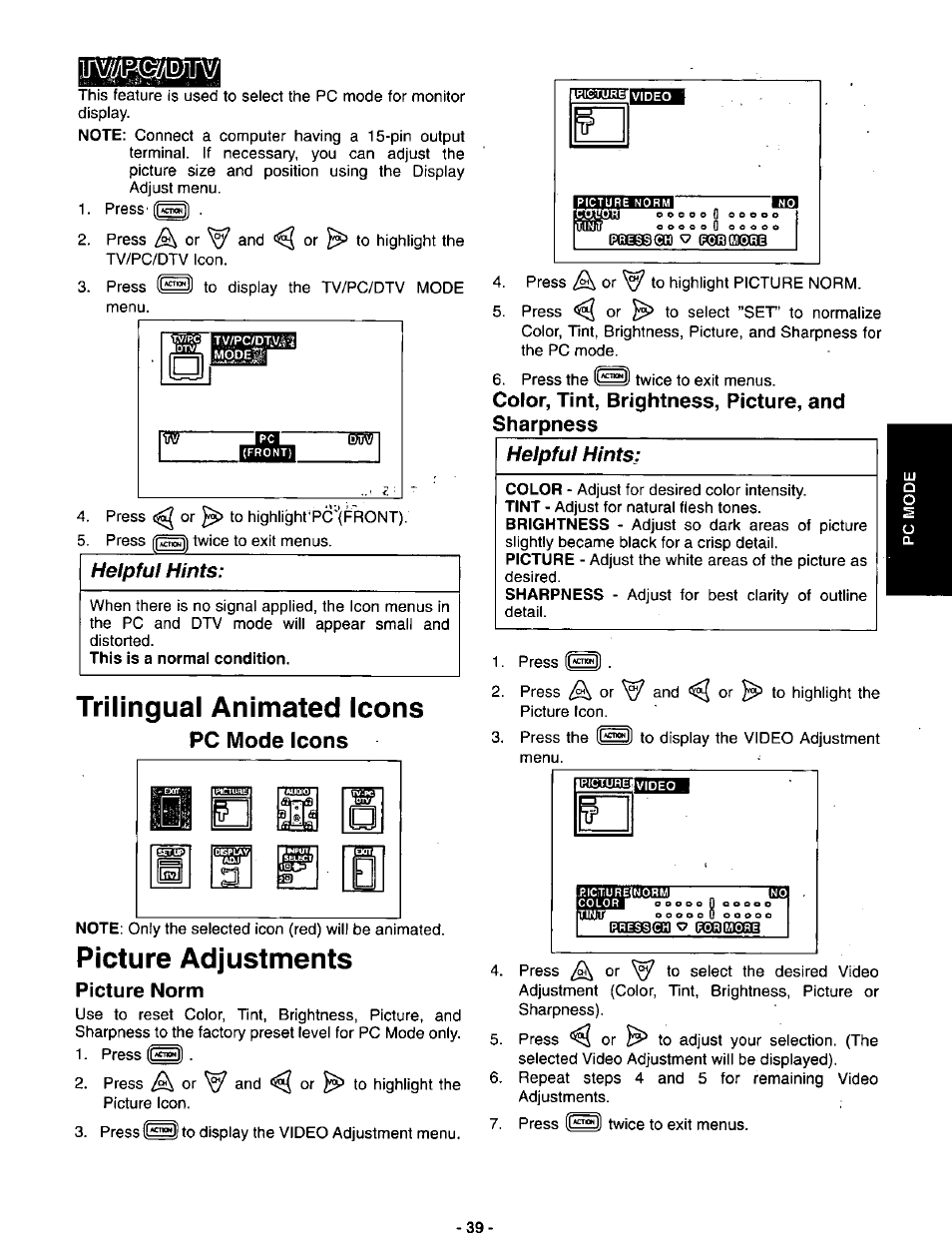 Trilingual animated icons, Pc mode icons, Picture adjustments | Picture norm, Color, tint, brightness, picture, and sharpness, Helpful hints | Panasonic SVGA Monitor/Receiver CT-36DV60 User Manual | Page 40 / 53