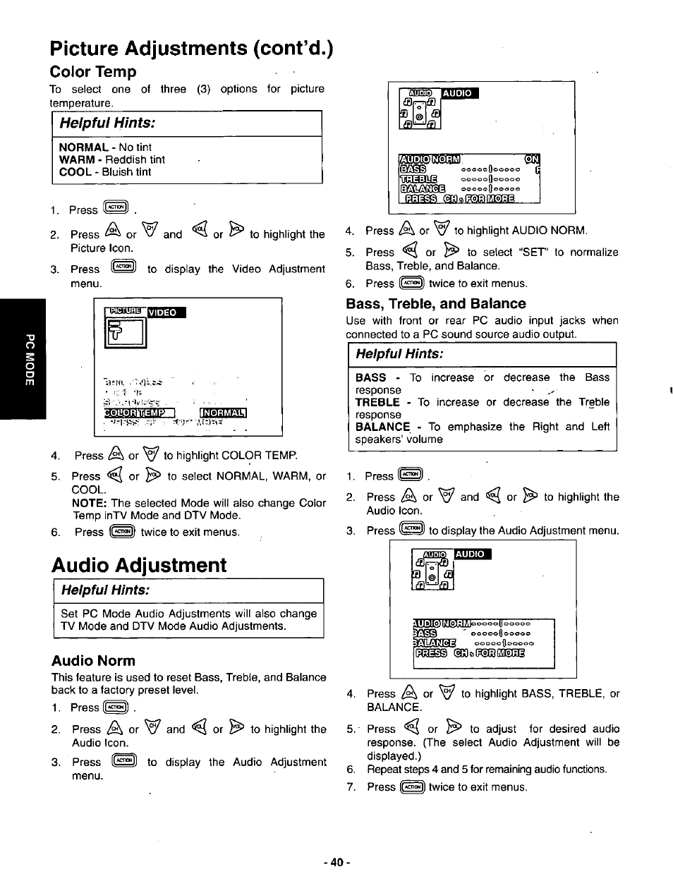 Color temp, Audio adjustment, Audio norm | Bass, treble, and balance, Audio adjustments, Bass, treble and balance, Picture adjustments (cont’d.), Helpfui hints, Hefpfui hints, Helpful hints | Panasonic SVGA Monitor/Receiver CT-36DV60 User Manual | Page 41 / 53